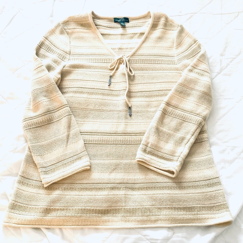 RALPH LAUREN Vintage Y2K Striped Cream Knit V-Neck Sweater